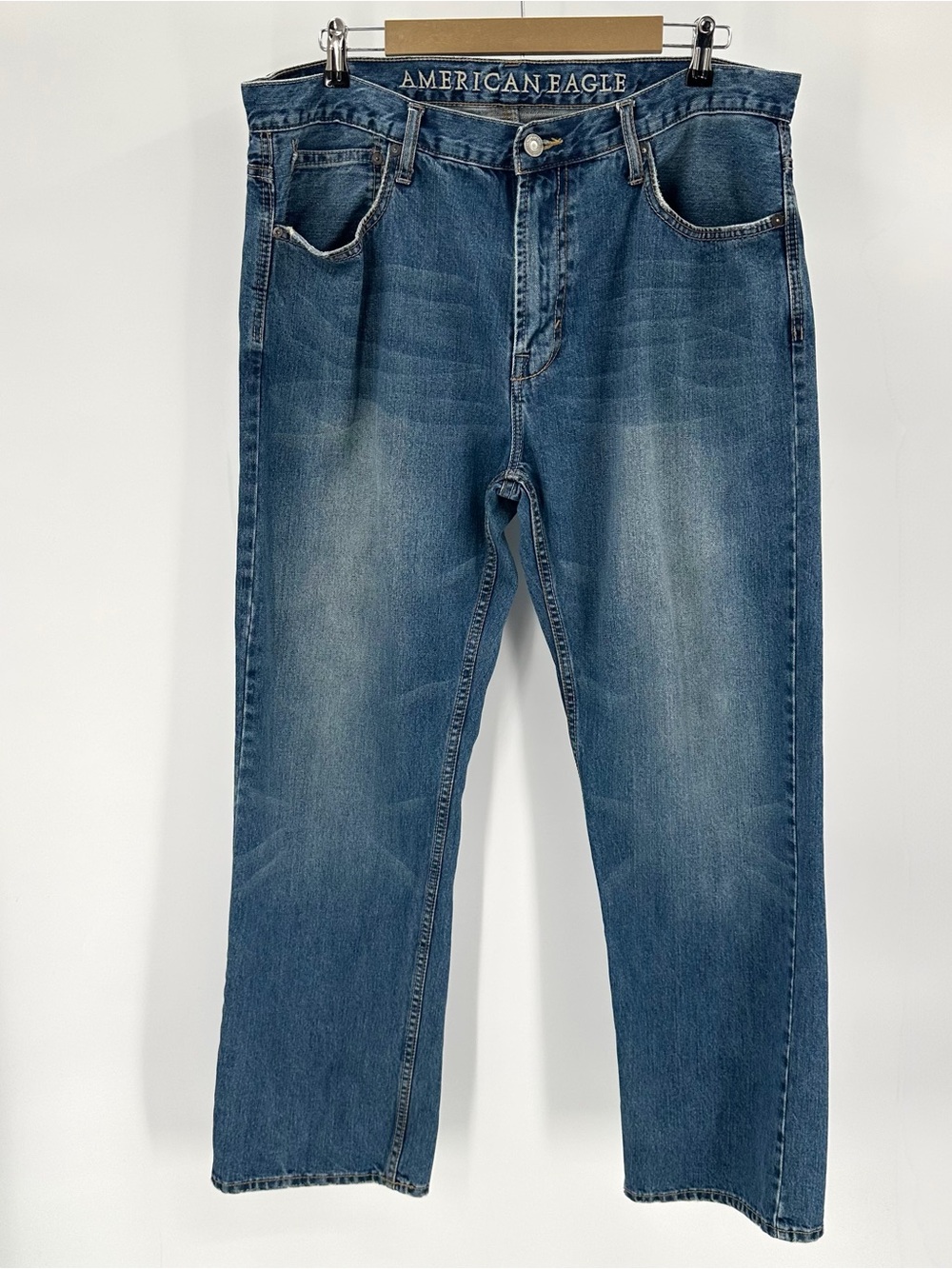 American Eagle Jeans Men's 36/32 Blue Whisker Wash Cotton Denim Low Loose 2000s